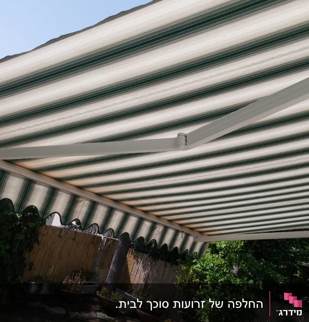 סוכך פסים ירוק ולבן עם מסגרת מתכת